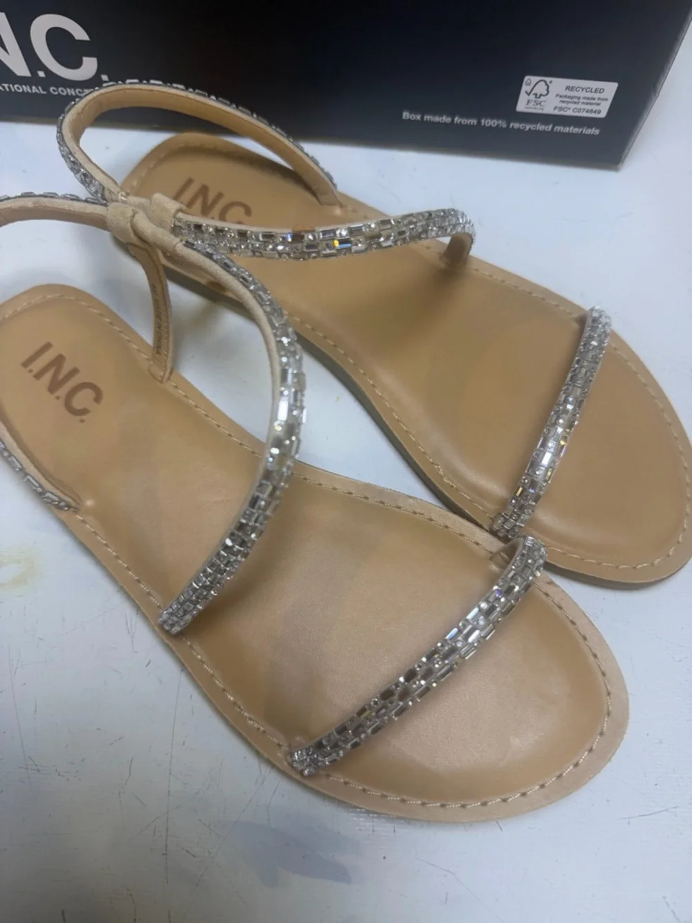 INC International Concepts Tan Sandals with Silver Crystal Straps - Picture 2 of 10